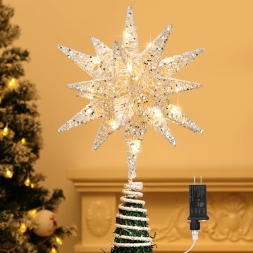 Lewondr Christbaumspitze, Glitzernder Weihnachtsbaum Topper Beleuchtete Funkelnde 3D geometrisch Stern Weihnachtsbaumspitze Weihnachten Dekoration LED Dekorativ Licht, Silber