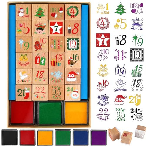 DPKOW 1 – 24 sellos calendario de Adviento números de madera, sello de calendario de Navidad para manualidades con tampón de tinta, sello de números alemanes para calendario de Adviento, hacer tú