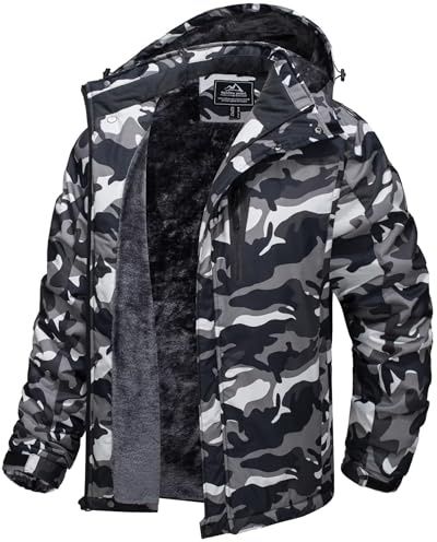 TACVASEN Skijacke Herren Wasserdicht Warme Gefüttert Winterjacke Winddicht Atmungsaktiv Funktionsjacke Schwarz Camo, XL