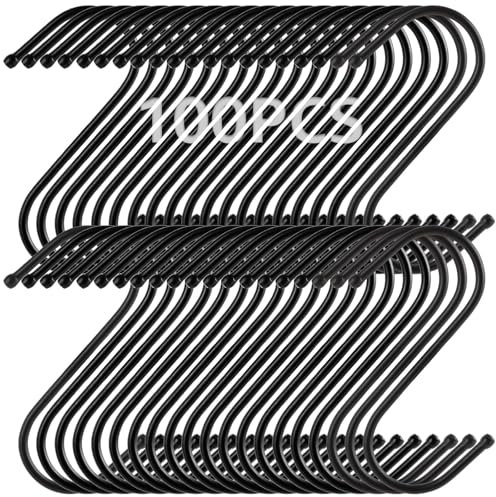 FWEEK 100 Stück S Haken Schwarz, 9 cm S Förmige Haken Schwarz, Metallhaken zum Aufhängen von Kleidern, Töpfen und Schalen, Geeignet für Küche, Bad und Schlafzimmer