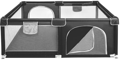 Laufstall Baby, Laufgitter Baby mit Saugnäpfen, Baby Laufstall mit Atmungsaktivem Netz, große Sicherheitsspielplatz, Laufstall mit Reißverschlusstür (Schwarz,120*160*66cm, mit Aufbewahrungstasche)