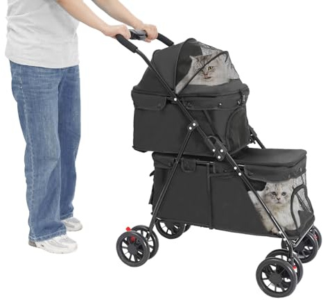 Dubbel hundvagn, hundvagn tillverkad av 300D oxfordtyg, lämplig lastkapacitet (15 kg) husdjur buggy med 4 EVA-hjul säkerhetsbälten förvaringsväska för små hundar katter (svart)