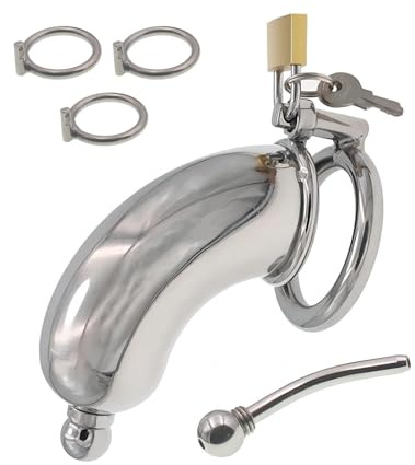 Cage Chastetée en Métal avec Cathéter Sex Toýs Homme Cage de Chasteté pour Pénis avec 3 Tailles d'Anneaux Différentes Chastity Cage Fermée avec Serrure pour Attacher le Pénis d'un Homme (3 Ringe)