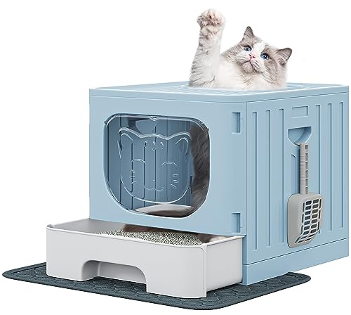 YITAHOME Foldable Cat Litter Box with Lid, Litter Tray with Litter Mat & Scoop, Top Exit & Slide-Out Tray for Large Cat and Kitten, Odor-Controlling, Anti-Spillage & Easy Clean (Blue)