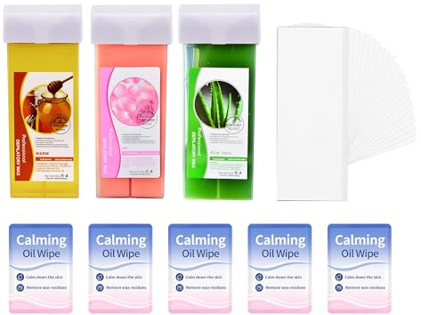 Beauty7 Cartouches Roll-On Cire de résine 3 x 100 ml Epilation Roll On Cire Chaude avec 50pcs Bande, 5 Lingettes Apaisante Cartouches Miel, Aloé Verra, Rose Épilation du Crops