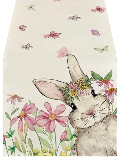Ostertischdecke,180 × 40cm Rosa Blumen Hase Ostern Tischläufer,Weiße Tischsets aus Leinen mit Osterblumen,Abwaschbar Frühling Tischläufer,Küche Tisch Dekoration,Drinnen Urlaub Party Dekor