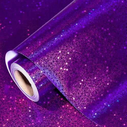 RUSPEPA Lila holografiskt rullomslagspapper - Design med metallstjärnor för flickor, födelsedagar, bröllop, mors dag, alla hjärtans dag, jul och examen, 43,2 cm x 5 m