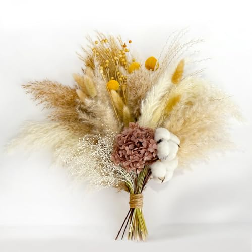 Natural Pampas Grass Bouquet -Cotton Stems,Bunny Tails ,Hydrangea,Fall Dried Flower - Boho Chic Home Decor, Rustic Wedding Centerpiece, Farmhouse Style Arrangement, Room Decor Long-Lasting Gift (A)