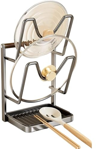 Wezalget Support de rangement pour couvercles de casseroles de cuisine, en acier inoxydable, support à outils de cuisine avec bac d'égouttage pour comptoir, 2 couches/3 couches