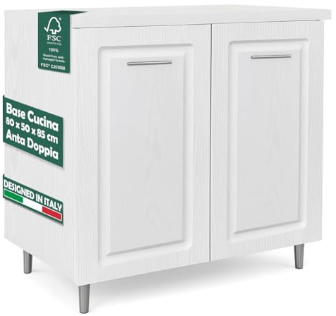 Shally Dogan Mobile Base per Cucina con Due Ante e Due Scomparti Design Boiserie, Mobiletto con Struttura in Legno Robusta e Resistente, Mobile Componibile, 80 x 50 x 85H cm (Bianco Frassinato)
