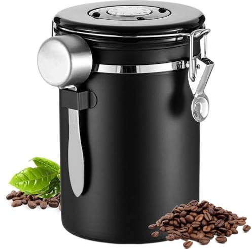 Airtight Coffee Canister, 1.8L Coffee Grind Storage, Stainless Steel Coffeees Container with Date Tracker and Measure Scoop, Kitchen Food Storage Container for Coffee, Tea, Sugar, Nuts(COLOR:Black)