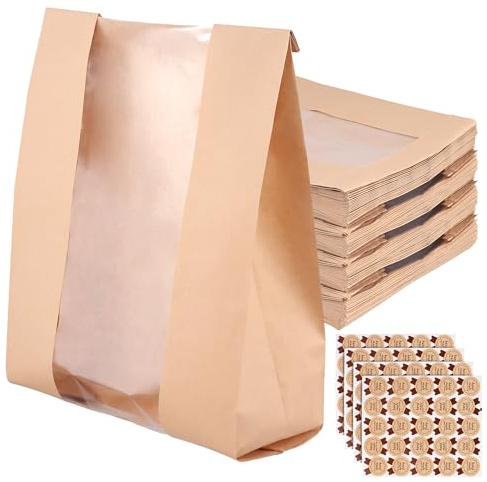 CHIHEUNG 100PCS Bread Bag with Window, Large Paper Bread Bags with Stickers, Brown Loaf Bags for Homemade Bread, Kraft Paper Bakery Packaging Bag for Cookies Snacks, 35 x 21 x 9 cm