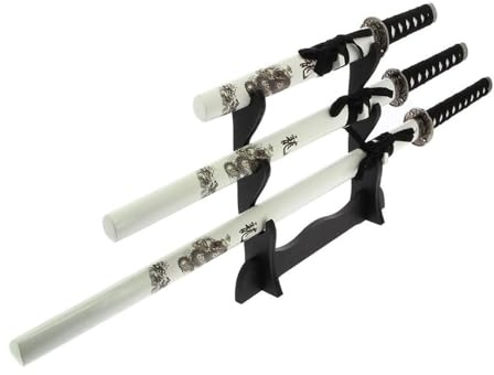 Katana Schwert Echt Set, Wakizashi, Tanto - Samurai Schwert aus Stahl - Samurai Schwerter als Anime Deko - Japanisches Sword mit ständer - Ninja Schwerter - 3er Set