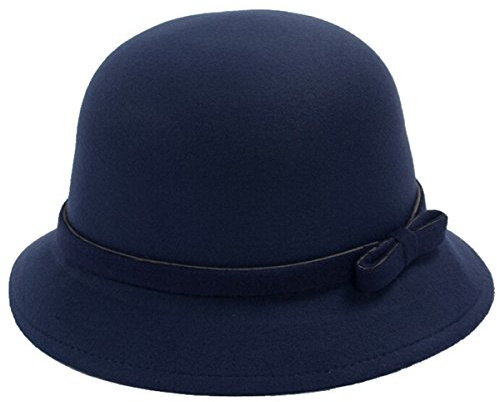 ZUMUii Butterme Frauen Dame Vintage Wool Round Fedora Bogen Cloche Derby Hüte Eimer Hüte (Navy blau-Bowen Knot)