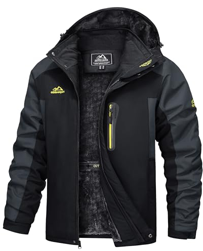 TACVASEN Winter Jacket Men Warm Waterproof Ski Jacket Outdoor Fleece Windproof Jacket Mens Military Thermal Coat Parka Jacket Hood, M, Black Grey