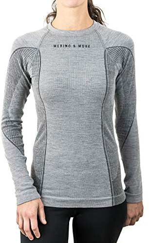 Merino & More - Biancheria intima da sci in lana merino, da donna, a maniche lunghe, grigio chiaro, S