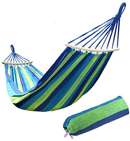 Ruixf Hamac de Jardin avec Barres d'écartement en Bois et Sac de Transport, Hamacs Respirants portatifs à Rayures en Toile pour Patio Yard Outdoors (M -200cm X 100cm,Rayures Bleues)