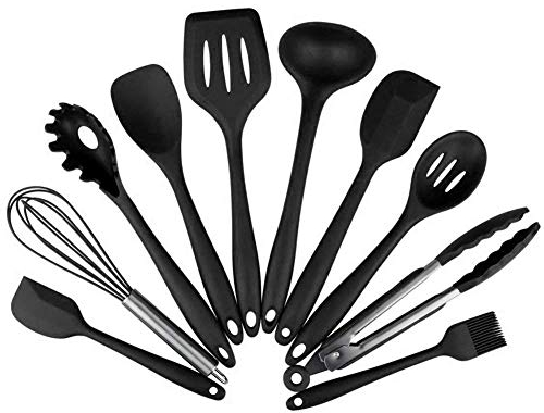 AVANA Silikon Küchenhelfer Set, 10 Stück Küchenutensilien Kochgeschirr Hitzebeständig Kochbesteck Backen Kochen Antihaft Kochzange, Schneebesen, Spachtel, Backpinsel, Pfannenwender - Schwarz