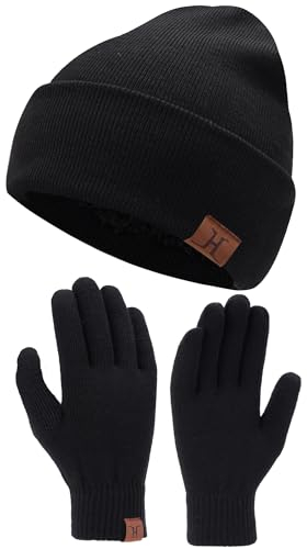 Uomo Donna Invernale Cappello Berretto e Touchscreen Guanti con Fodera in Pile, Termici Cappelli Berretti in Maglia a Coste