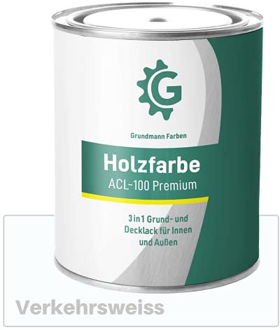 Grundmann Holzfarbe ACL 100 - Holzlack 0,7 Kg Weiss - 4in1 inkl. Grundierung - Seidenmatt - Wetterfest für Innen und Außen - RAL 9016 Verkehrsweiss