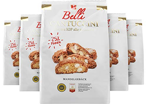 Belli Cantuccini 5er Pack alle mandorle (5x 250g) | Mandelgebäck aus Italien | Keks mit Mandeln | insgesamt 1250g Gebäckstücke