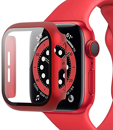 Miimall Kompatibel mit Apple Watch Series 6/SE/5/4 40mm Hülle mit Glas Displayschutz, Ultradünne PC Schutzhülle Vollschutz Kratzfest Displayschutzfolie Schutz Case für iWatch 40mm - Rot