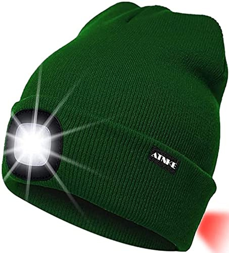 ATNKE 8LED beleuchtete Strickmütze, wiederaufladbare USB-Scheinwerferkappe mit extrem Heller, wasserdichter Lampe und Blinkender Alarm Rotes Rücklicht Multi-Color/Green