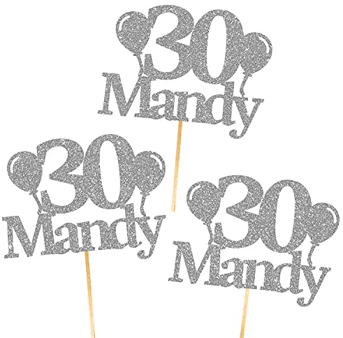 6X Personalised, Double Sided, Handmade Happy Birthday Glitter Cupcake Toppers by Cakeshop | Custom Colour Any Name & Age Balloons 480gsm Glitter Cupcake Decorations | Dark Silver