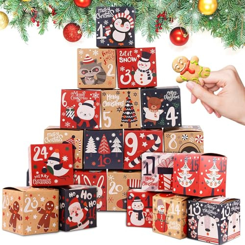 LOKIPA Christmas Advent Calendar Boxes, 24 Kraft Paper Advent Gift Boxes, Christmas Advent Calendars Countdown Boxes for Kids and Family