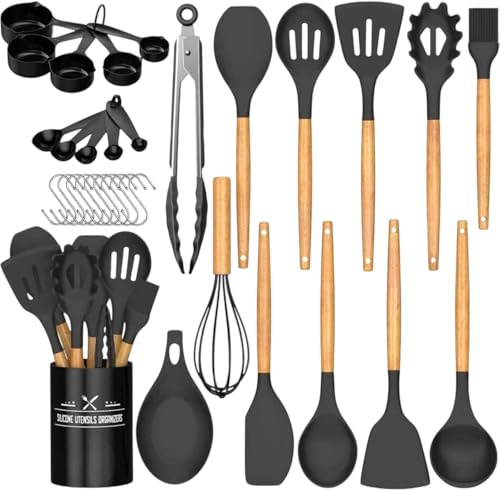AHASON 33pc Black Silicone Cooking Utensils Set with Holder - Heat Resistant Kitchen Gadgets & Tools - Includes Measuring Cups, Spoons & Hooks - Non-Stick BPA Free Professional Cookware