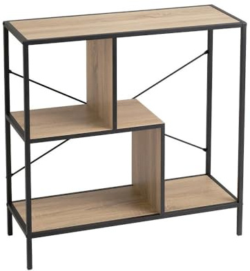 LOLAhome - Estantería geométrica con 5 estantes de Madera Natural Clara y Metal Negro 80x30x147 cm para salón. Estilo Industrial versátil Que Organiza Libros y decoración con Gran Estabilidad