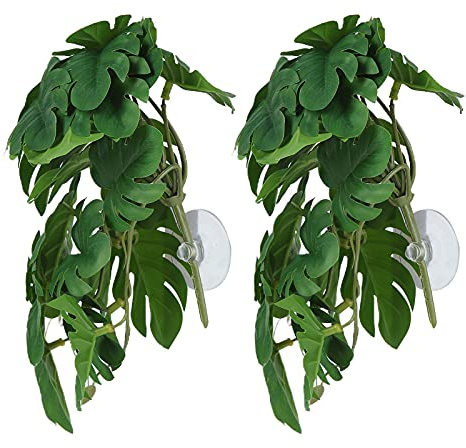 2 piezas Plantas de reptiles de acuario/plantas de Terrario de seda colgantes con hojas de plástico artificiales con ventosas/plantas de plástico realistas/Decoraciones de simulación de paisaje (C)