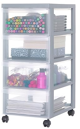 Iris Ohyama Kunststoff-Schubladenbox mit Rollen, 4 flachen Schubladen, Grau, Griffe zum Ziehen, Für Schlafzimmer, Bad, Schule & Büro, BPA-frei, Schubladenschrank, Rollcontainer, A4 Drawer, DC-004