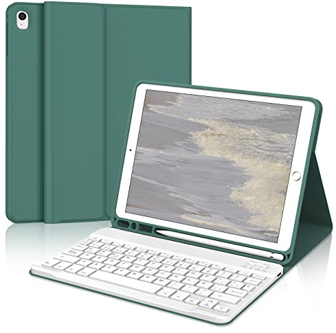IVEOPPE Teclado para iPad 9 Generacion 10.2 con Funda, Teclado Español Ñ Bluetooth Desmontable Inalámbrico Magnético para iPad 8/7/Air 3/Pro 10.5, Verde Oscuro
