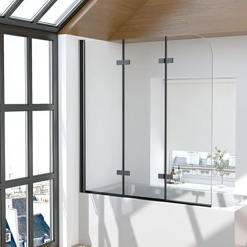Duschwand für Badewanne 3-teilig 130x140cm Faltbar Duschabtrennung, Schwarz Badewannenaufsatz Duschtrennwand 6mm EGS Sicherheitsglas mit Beidseitig Nano beschichtung, Badewannenfaltwand Trennwand