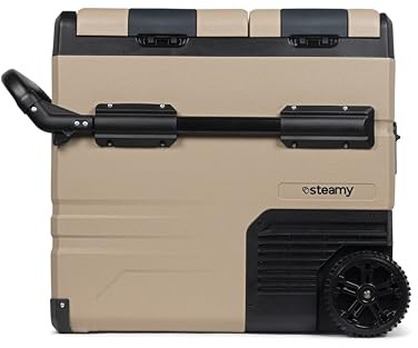 Steamy-E Dual Zone 55 Roller, Elektrische Kompressor Kühlbox mit Rollen, 54 Liter, 12V/ 230V, zum Kühlen und Gefrieren, Für Camping