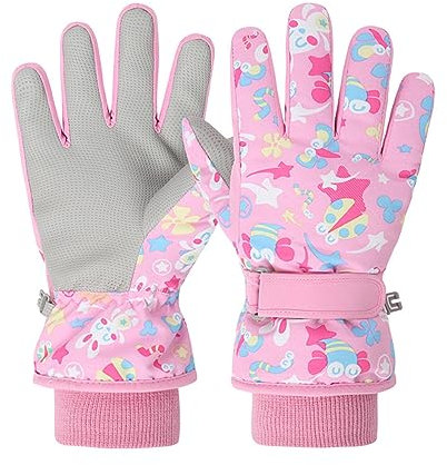 QKURT Guanti da Neve e Sci per Bambini, Termici e Antivento, Sportivi e Antiscivolo con Polsino Lungo a Coste Lavorato a Maglia, per Ragazze e Ragazzi di 2-9 anni