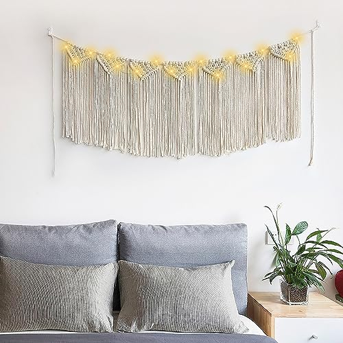 IGTOPS Boho Makramee Wandbehang mit 3M LED Licht, 125cm* 77cm Gewebter Wandteppich, Handgefertiges Tapisserie Behang Wanddeko, Boho Raum Teiler VorhäNge Hochzeits Vorhang
