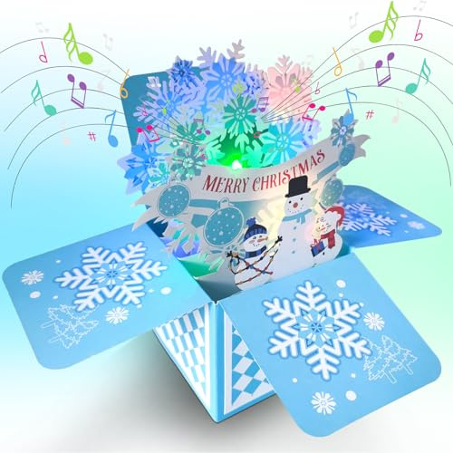 3D Weihnachtskarte Pop Up mit Licht und Musik, 3D Weihnachtsmann Kamin Frohe Weihnachten Grußkarte mit Umschlag, Weihnachtskarten für Familienmitglieder, Ehefrauen, Ehemänner, Mütter (Schneeflocke)