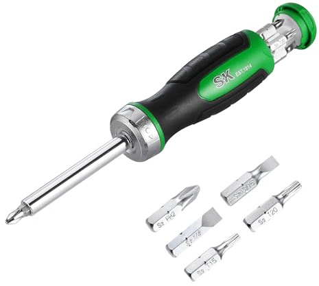 SK 7-in-1 Ratcheting Screwdriver, 216-P, 6 Bits (Phillips, Star, Slotted), 1 Nut Driver Size (1/4 Inch), S2 Steel, SureGrip Handle