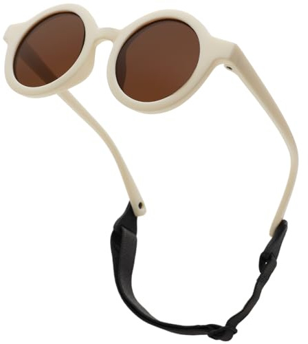 LOJUDI Lunette Soleil Bebe 0-36 Mois - Polarisées avec Sangle Réglable Cadre en Silicone Ronde Enfant Lunettes Protection UV400 Lunette de Soleil Bebe 0 a 3 ans Garçon Fille-Blanc/Brun
