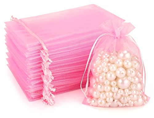 G2PLUS Rosa Organzasäckchen 10x15cm Geschenk Organzabeutel, 50 Stück Organza-Beutelchen mit Kordelzug Sie als Hochzeit Bonbonsbeutel, Schmuckbeutel, Geschenkbeutel