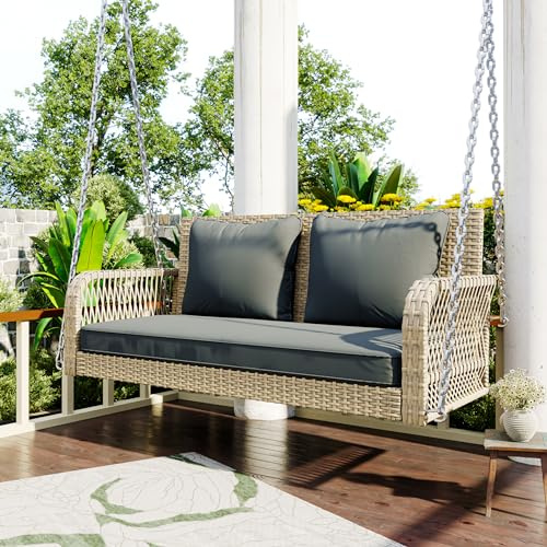 Hollywoodschaukel, Gartenschaukel, Gartenmöbel-Set für den Außenbereich, Beigefarbenes Rattan, 2 Sitze, mit Sitzkissen und Rückenkissen (Grau)