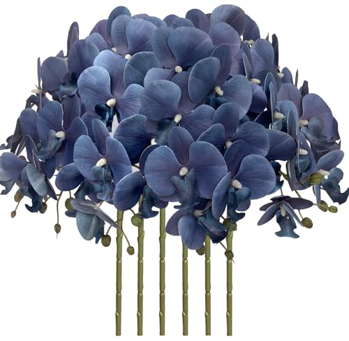 FagusHome 6 Stück Künstliche Phalaenopsis Blumen Weiß 80cm Künstliche Orchideenblumen Stammpflanzen für Wohnkultur (Dunkelblau)