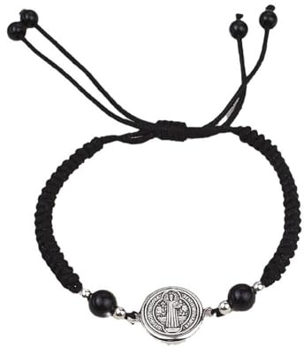 Bracelet médaille Saint Benoît et Saint Jude - Cordon réglable en corde noire, bracelet bijoux cadeaux pour hommes et femmes (argent,M)