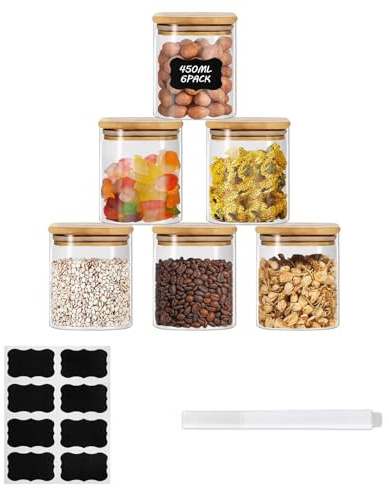 ZhouZGlass Glass Food Storage Jars Set of 6, Square Containers with Bamboo Lids, Pantry Organization Jar, Spice, Tea, Coffee and Sugar Container, Small Canister Set for Kitchen(450ml*6)