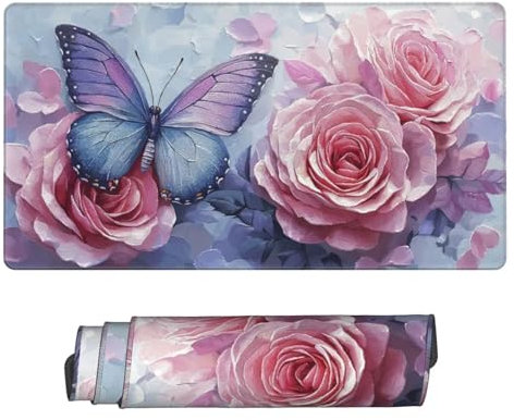 Gaming Tapis de Souris, Grand Tapis de Souris XXL 1600 x 800 x 3 mm,Roses Papillons Tapis Souris pour Clavier et Bureau, avec Bords Surpiqués et Dos Antidérapant, for Gamer Gaming Accessoire D-747