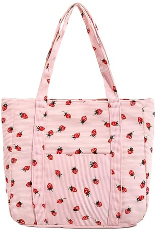 YAMEIZE Strawberry Corduroy Tote Bag for Women Girls Cute Handbags Large Shoulder Bags with Zipper and Pockets for College Work Travel Shopping (Pink)