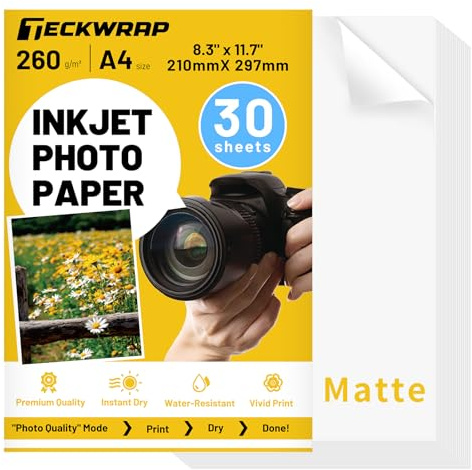 TECKWRAP Matte Inkjet Photo Paper A4, 120gsm, 30 Sheets for Inkjet Printers for Printing Photos, Brochures, Covers, Certificates, Booklets, Flyers, Leaflets, Cards, Calendars