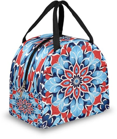 VQUVQV Bolsa de almuerzo con diseño de mandala azul y rojo, bolsa térmica térmica para adultos, lonchera portátil a prueba de fugas para el trabajo, senderismo y al aire libre